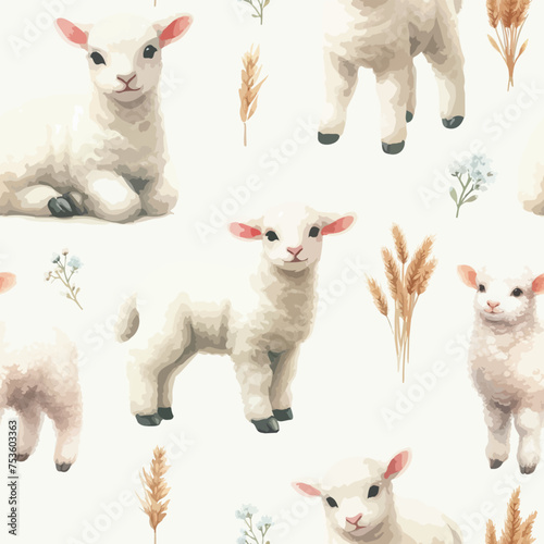 Seamless pattern with watercolor white lamb on white background.