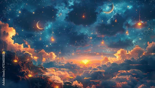 the beautiful view of the moon and stars in the sky  the beauty of Ramadan shines through.