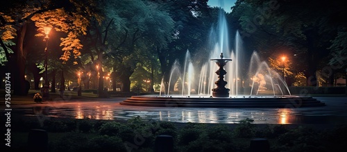 Serene Fountain Illuminated by Night Lights in a Tranquil Park Setting