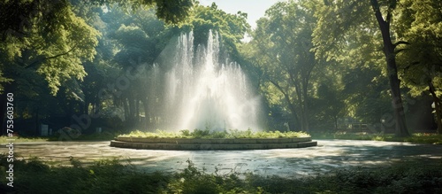 Tranquil Fountain Oasis  Relaxing Park Scenery with Lush Trees and Inviting Bench
