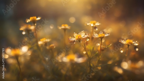 Wildflowers in morning sun, close-up photo of summer flowers in golden light, nature background