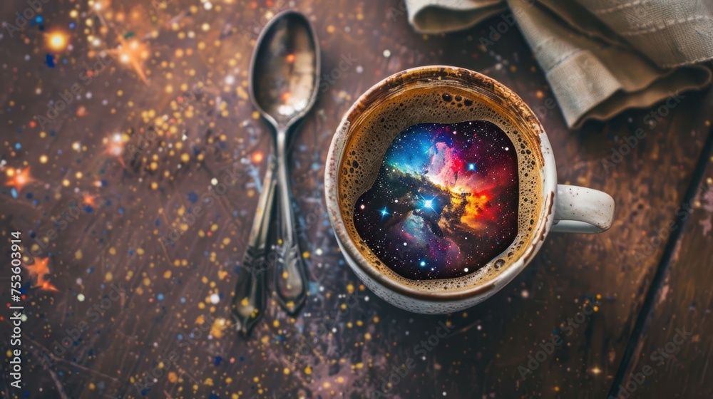 Obraz premium Stunning visual of a galaxy pattern swirling in a coffee cup, situated on a wooden table