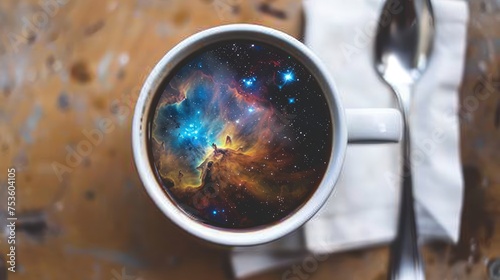 A rustic cup of coffee displaying a breathtaking nebula on a shabby-chic background © Fxquadro