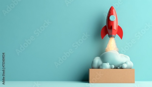 3d rocket launching from cardboard box on pastel background with copy space for text placement © Ilja