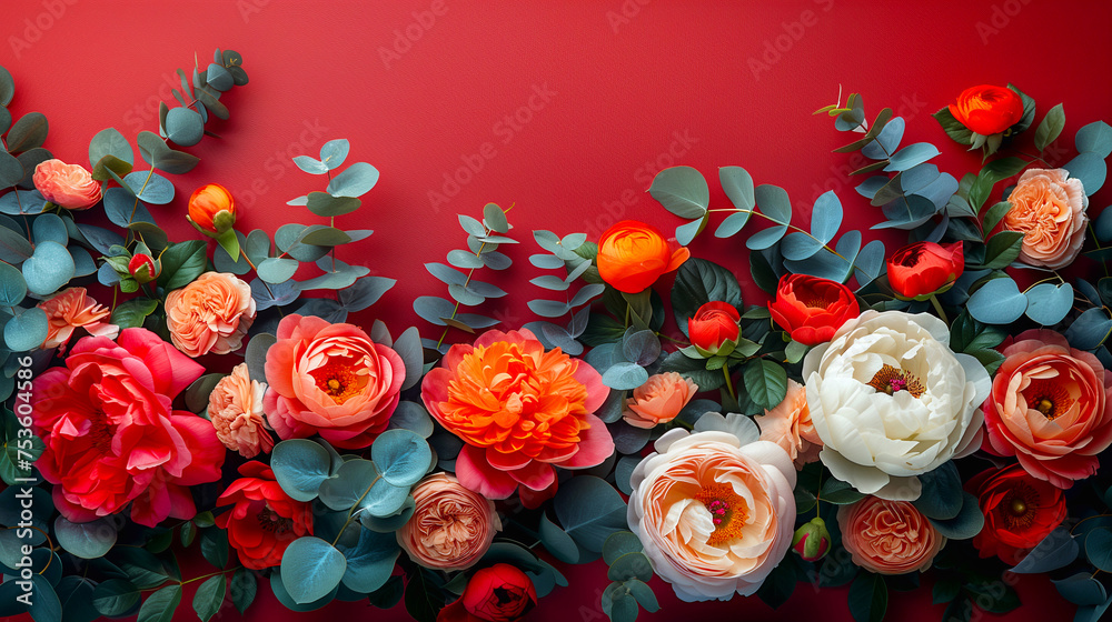 Flowers composition. Frame made of various flowers on red background. Flat lay, top view, copy space