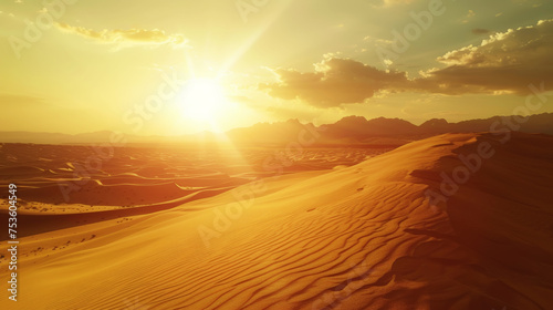 Desert landscape with sand dunes, sultry sun. Extreme adventure concept. Generative AI