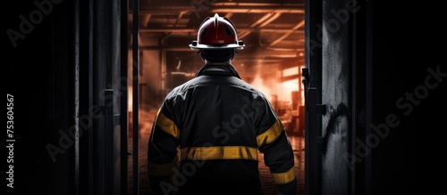 Brave Firefighter Stands Vigilant in the Shadows of a Dark Room Ready to Conquer the Flames