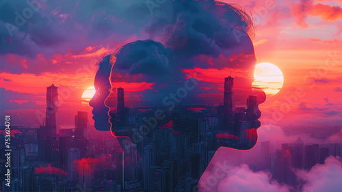 double exposure of human head and cityscape at sunset #753604701