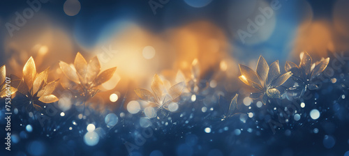 Cozy Christmas golden ice flowers on the snow background with yellow and blue bokeh hues. Festive, uplifting wallpaper backdrop