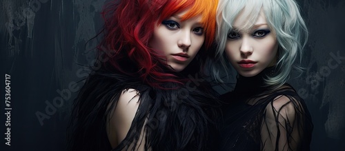 Vibrant Duo: Women Embracing Diversity with Colorful Hair and Sleek Black Dress © Ilgun