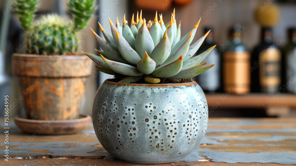 Succulent plant in ceramic pot on wooden table, stock photo Succulent plant in ceramic pot on wooden table, stock photo