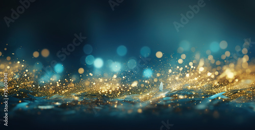 Luxury orange gold rich glitter sparkle, dark blue bokeh background. Festive glamorous shimmering wallpaper backdrop photo