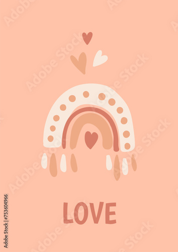 Simple Scandinavian Style Vector Illustration with Rainbow, Stars and Hearts. Pastel Color Doodle artwork for nursery room