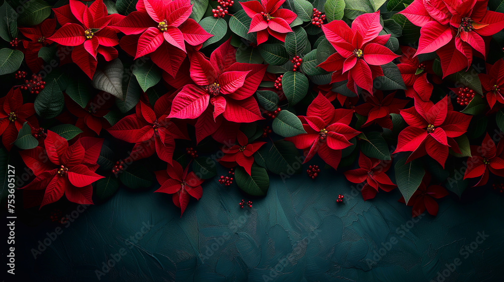 Christmas background with poinsettia flowers and berries. Top view. Christmas background with poinsettia flowers and berries. Top view.