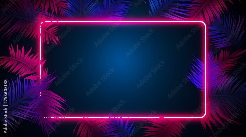 Glowing neon border embracing abstract palm leaves