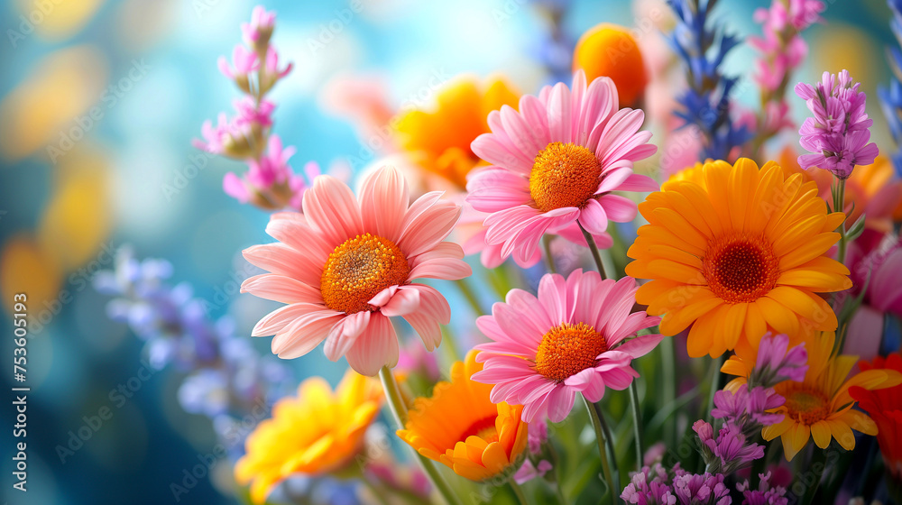Beautiful bouquet of bright flowers on a blue background close-up Beautiful bouquet of bright flowers on a blue background close-up