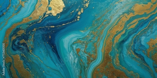 Marbled blue and golden abstract background. Liquid marble