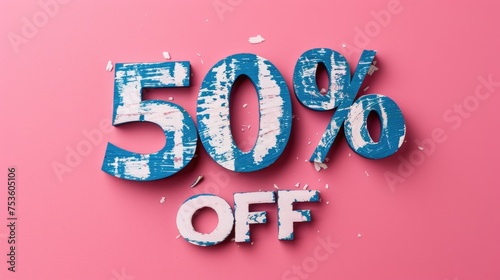 Peeling blue paint text 50% OFF on pink photo