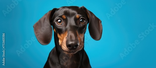 Adorable Canine Poses Against Vibrant Blue Background with Ears Perked
