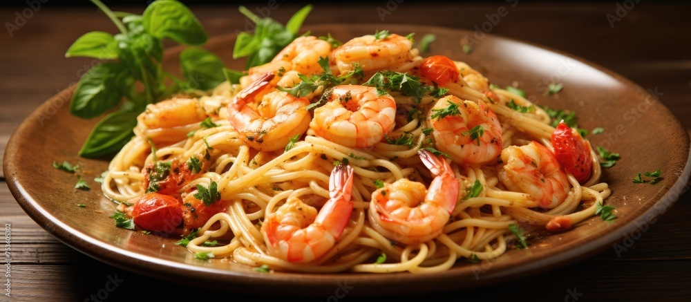 Exquisite Seafood Delicacy: Delicious Plate of Pasta with Succulent Shrimp and Fresh Tomatoes Exquisite Seafood Delicacy: Delicious Plate of Pasta with Succulent Shrimp and Fresh Tomatoes