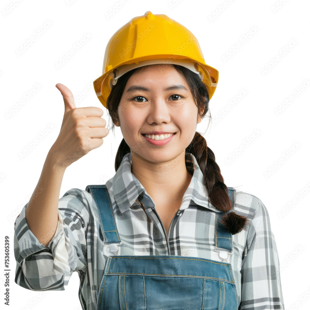 Smiling asian engineer woman in a helmet with thumb up isolated on transparent background Smiling asian engineer woman in a helmet with thumb up isolated on transparent background