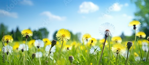 Vibrant Dandelion Field Beneath Clear Blue Sky - Nature's Beauty in Full Bloom