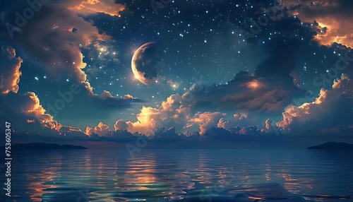 the beautiful view of the moon and stars in the sky reflected in the beautiful sea, the beauty of Ramadan shines through.