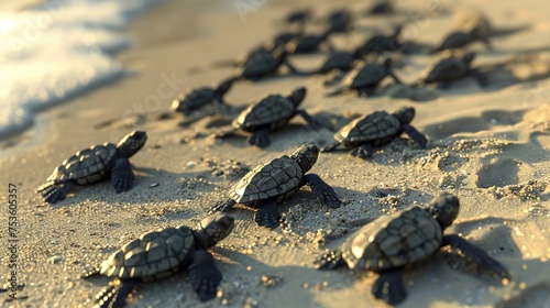  Baby Turtles' Journey: Crawling to the Sea from Sandy Beach, A Generative AI