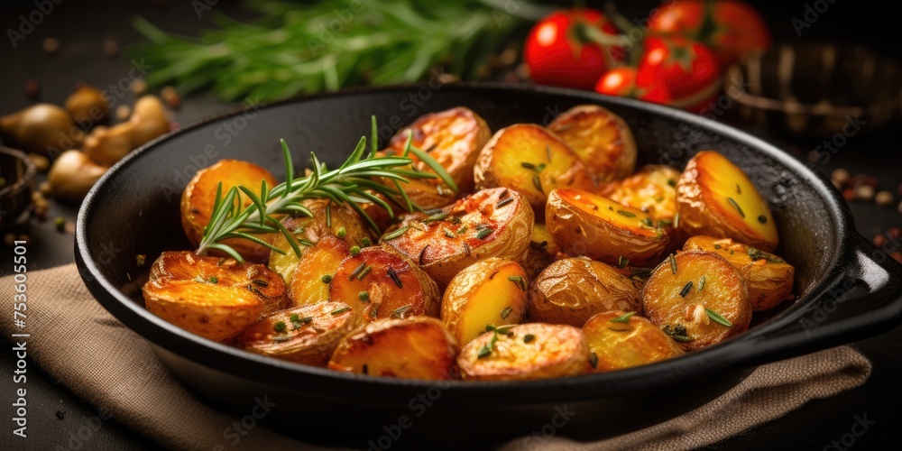 Tasty roasted potatoes with rosemary and spices served in a pan on a table with space. Tasty roasted potatoes with rosemary and spices served in a pan on a table with space.