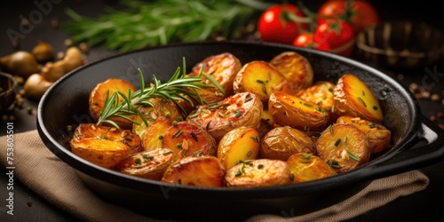 Tasty roasted potatoes with rosemary and spices served in a pan on a table with space.