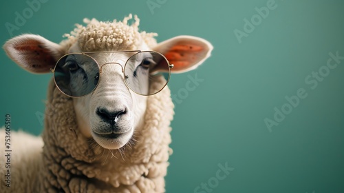 Trendy sheep sporting sunglasses on a pastel background, offering ample room for text placement.