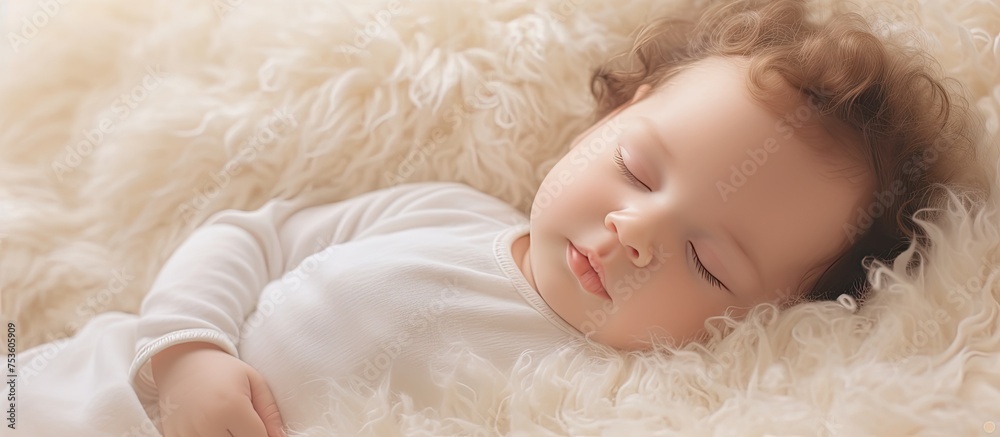 Serene Infant Dreaming Peacefully on Soft White Blanket in Cozy Naptime Scene Serene Infant Dreaming Peacefully on Soft White Blanket in Cozy Naptime Scene