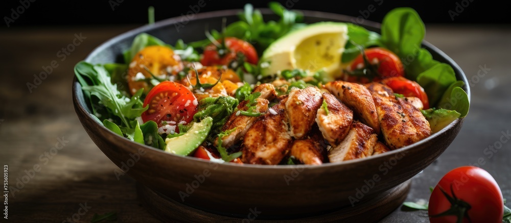 Vibrant Chicken Salad Delight with Fresh Tomatoes and Avocados, Healthy Eating Concept Vibrant Chicken Salad Delight with Fresh Tomatoes and Avocados, Healthy Eating Concept