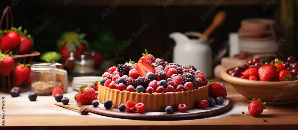 Delicious Home-Baked Cake Covered with Fresh Berries and Strawberries on Rustic Wooden Table
