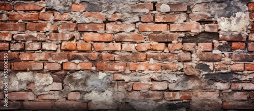 An up-close view of an old brick wall with visible cracks and filled with cement. The weathered surface shows signs of wear and tear, adding character to the urban backdrop.