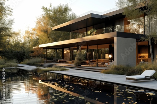 A modern house and its outdoor features against a backdrop of soft black