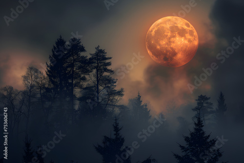 Majestic Supermoon Rising Above Silhouetted Trees in a Dark Misty Forest, Mysterious Night Landscape © Qmini