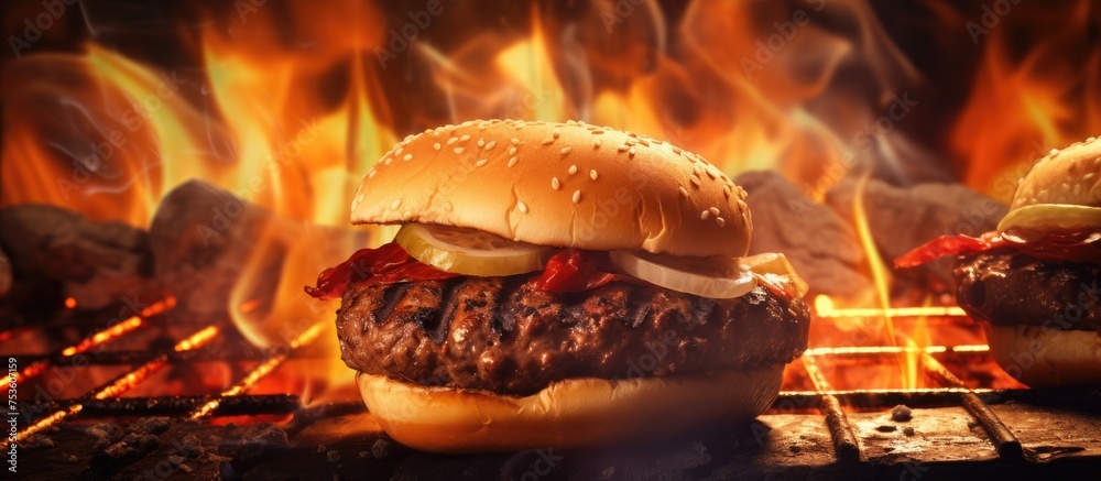 Sizzling Summer BBQ: Two Juicy Hamburgers Grilling with Flames in Outdoor Kitchen
