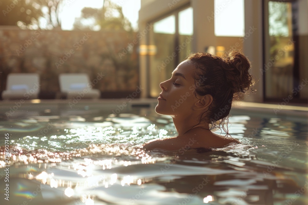 Serene woman enjoying hydrotherapy in outdoor sunny spa pool Serene woman enjoying hydrotherapy in outdoor sunny spa pool