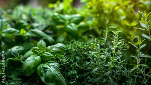 Close-up image of fresh, green culinary herbs in a garden, highlighted by natural sunlight