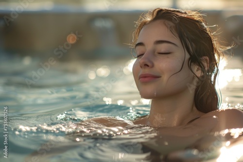 Relaxing day at the spa: Guest enjoys sunny hydrotherapy pool