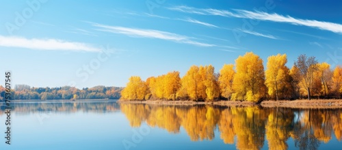 Serene Autumn Scene: Tranquil Lake Surrounded by Colorful Trees and Falling Leaves © Ilgun