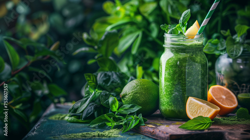 A refreshing and nutritious green smoothie in a mason jar, surrounded by fresh citrus fruits and lush basil leaves, perfectly blending health with taste