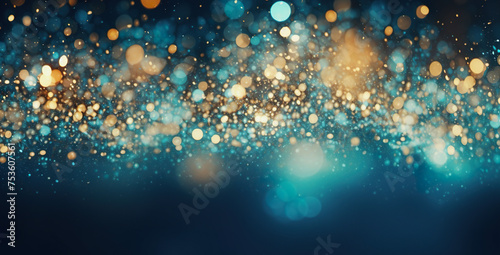 Luxury orange gold rich glitter sparkle, dark blue bokeh background. Festive glamorous shimmering wallpaper backdrop