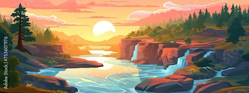 Beautiful sunrise in waterfalls. cartoon illustration.