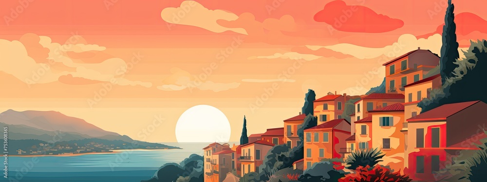 Mediterranean landscape with coast, sea, buldings - obrazy, fototapety, plakaty 