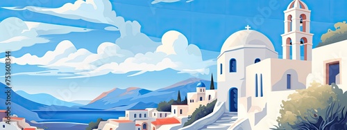 Landscape with Greek white buildings and sea coast