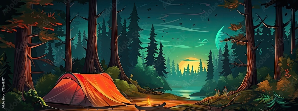 landscape of a night forest with a tent - obrazy, fototapety, plakaty 