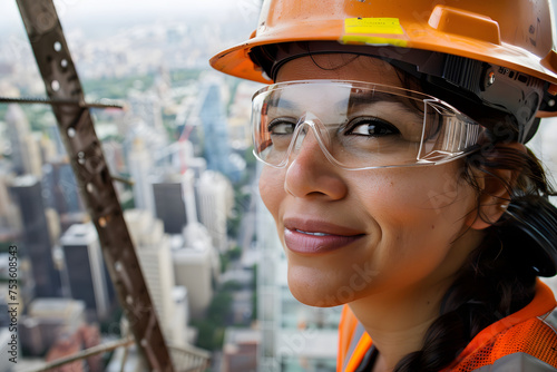 female construction worker, A close-up portrait of a construction worker in her 40s, wearing a hard hat and safety glasses, generative ai