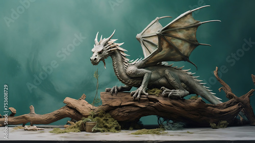 A awesome strong realistic dragon sits on a driftwood. Photo 